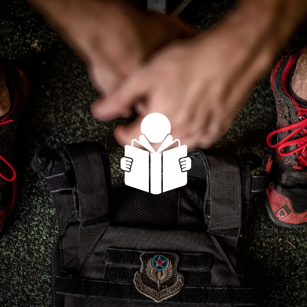 Athlete lacing up next to a weight vest, with a reading icon