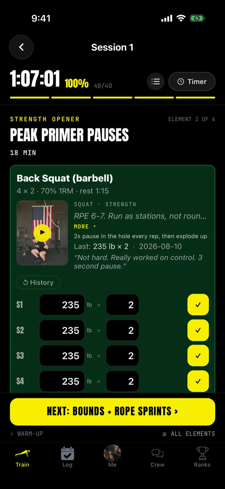 Logging back squat sets off your 1RM in the app