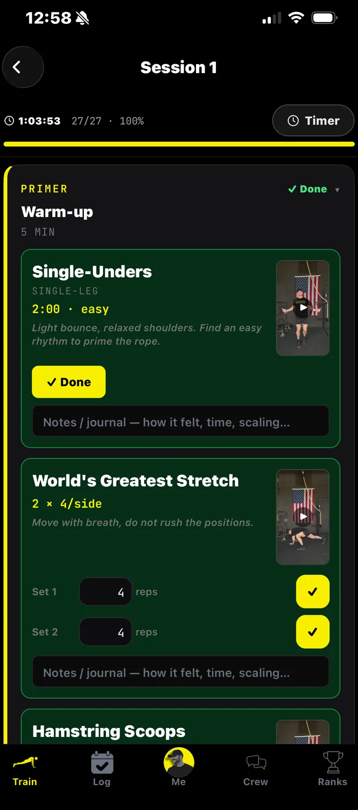 A guided session with demo videos for every movement